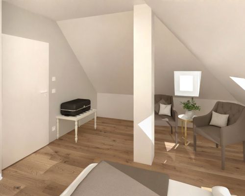 Großzügiges Dreibettzimmer mit zwei Räumen und Dachschrägen in Wittenberg.