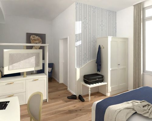 Helles Komfortzimmer im Johanniterhaus mit gro&szlig;z&uuml;gigem Raumgef&uuml;hl.